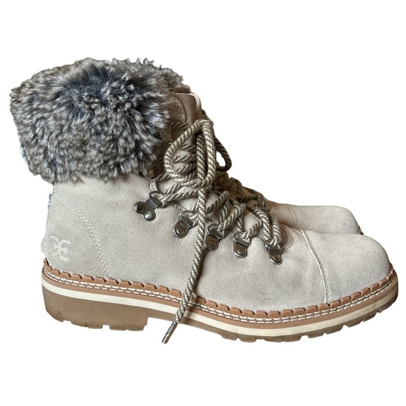 Sam Edelman Bowen Gray Suede Lace Up Faux Fur Trim Lug Sole Ankle Boots - 7 - Picture 1 of 11